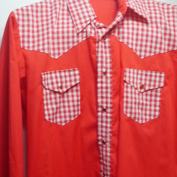Vintage Red Western Shirt with Gingham Trim Pearl Snap Mens XL - Picture 1 of 16